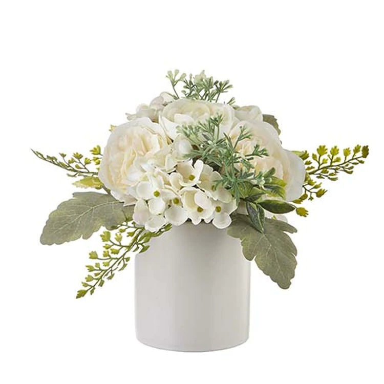White Rose and Hydrangea Arrangement In Ceramic Pot